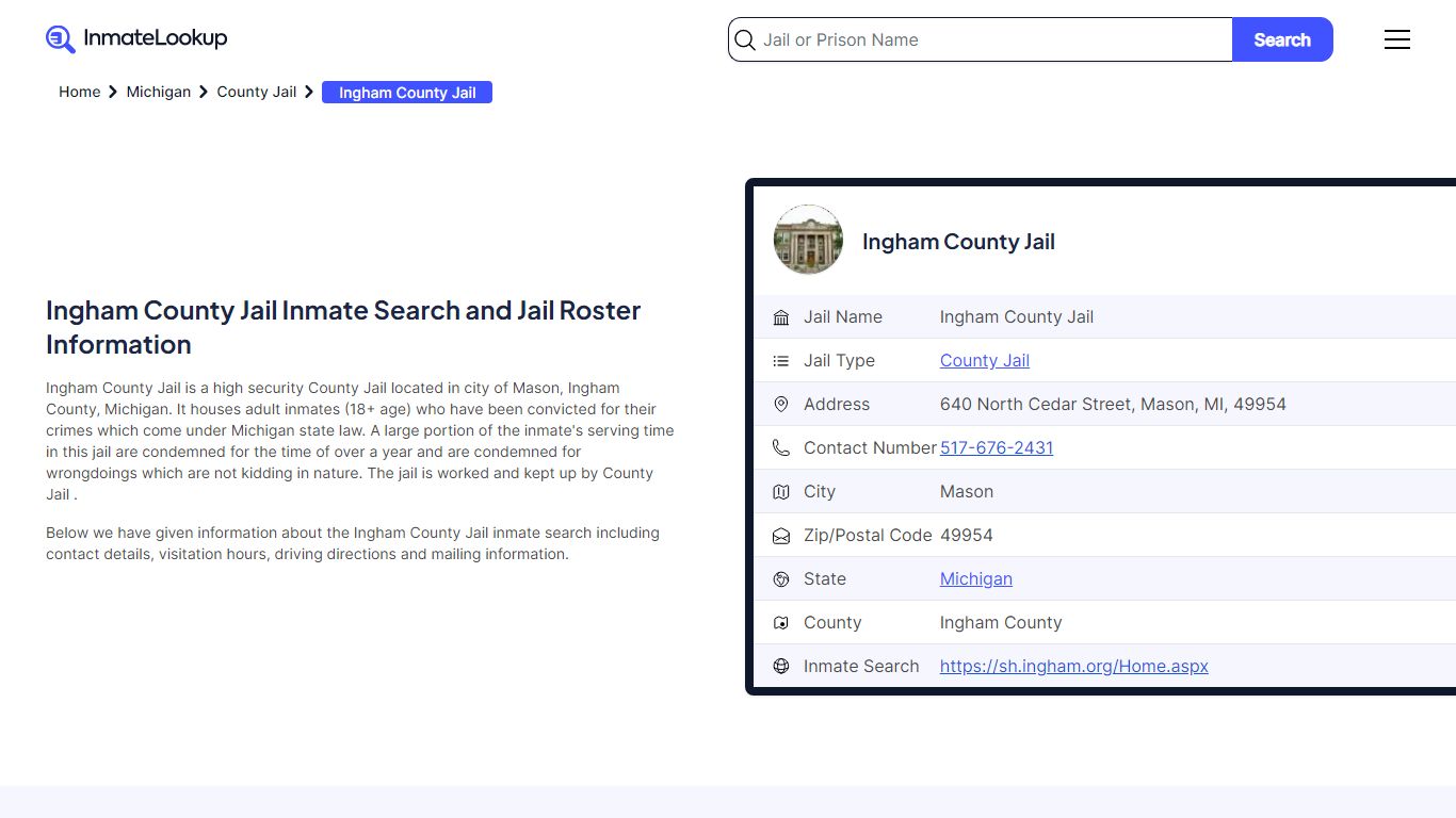 Ingham County Jail Inmate Search - Mason Michigan - Inmate Lookup